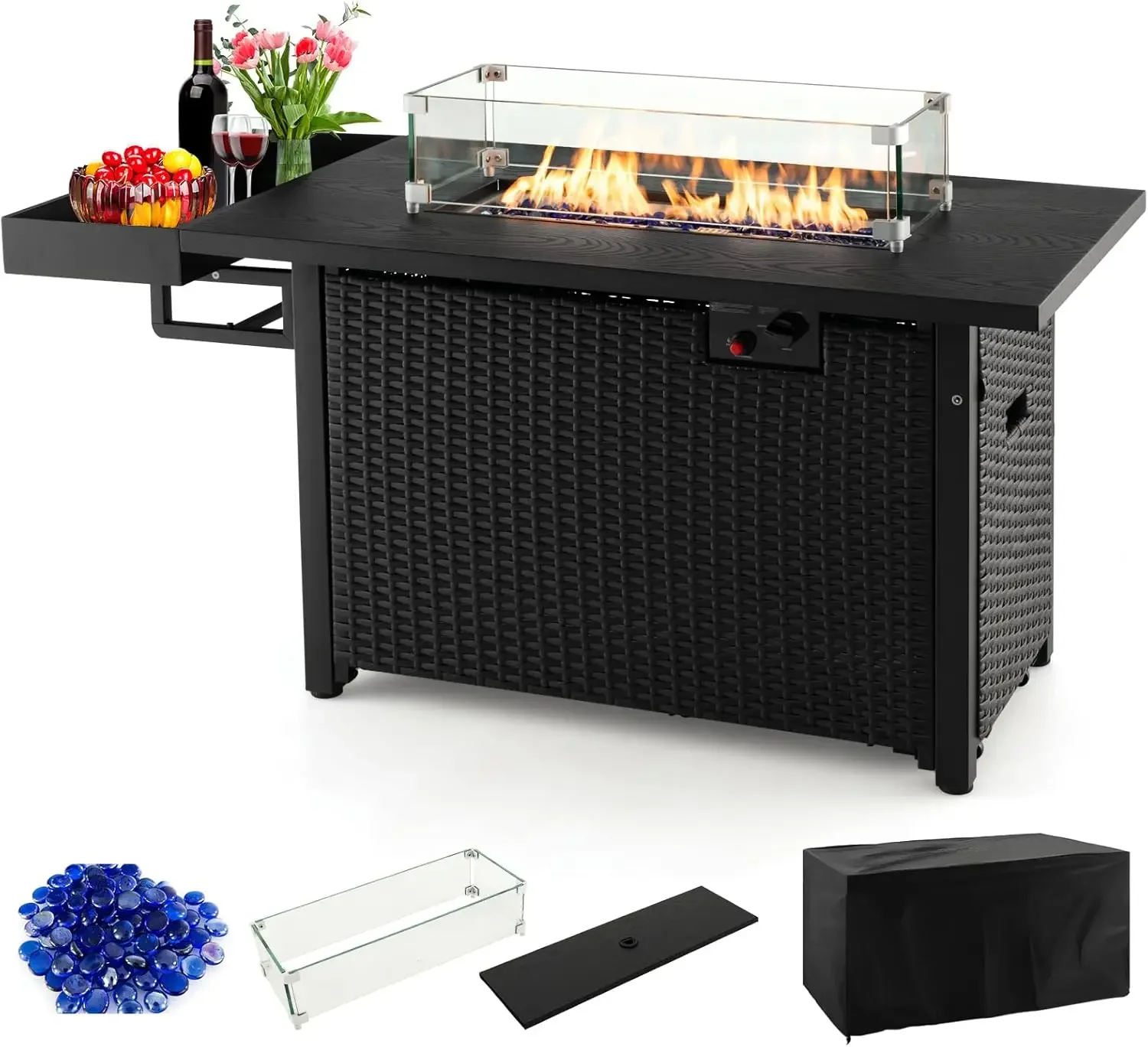 Giantex 52" Outdoor Propane Fire Pit 50,000 BTU Wicker Patio Gas Fire Table Lid Waterproof Cover Tempered Glass Wind