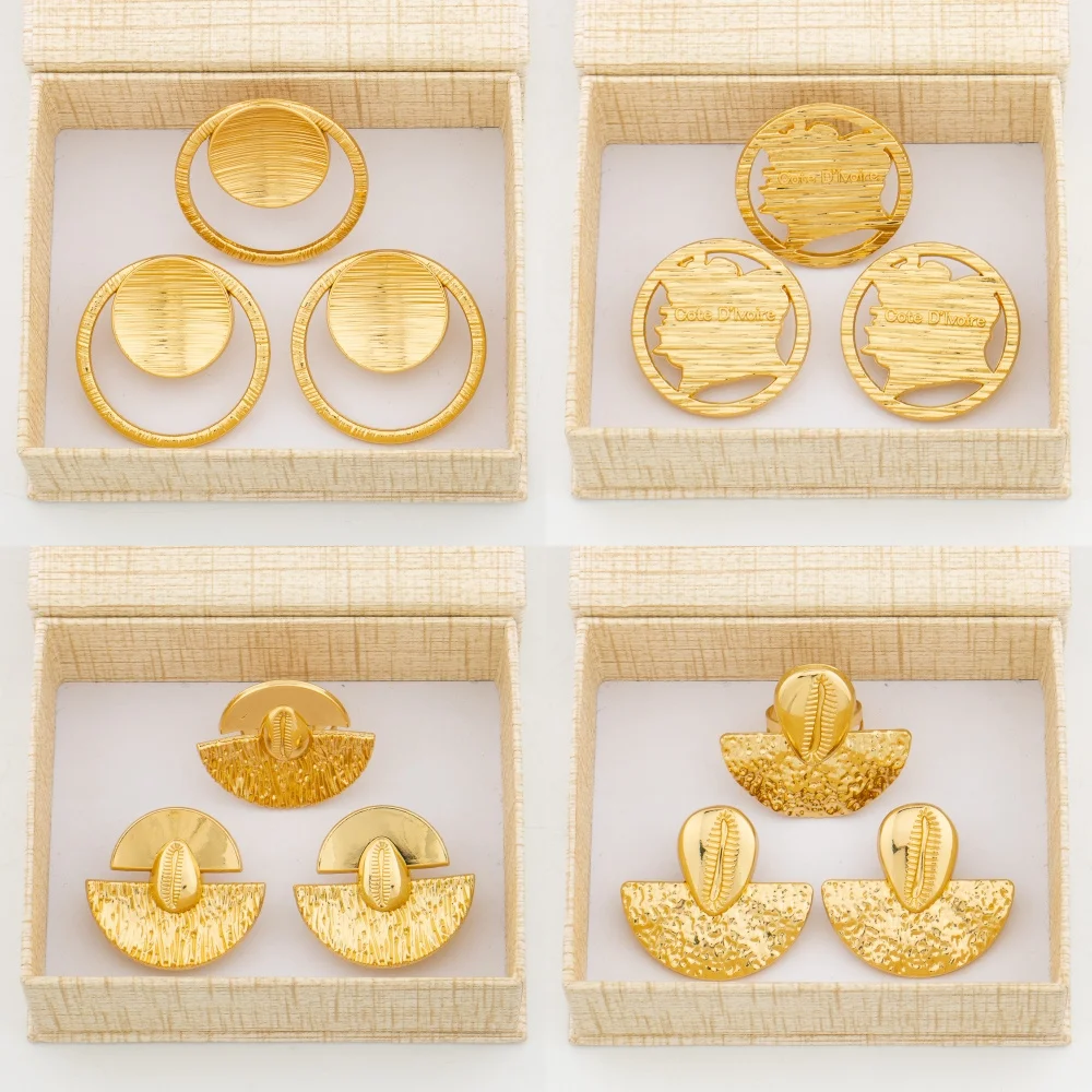 Earrings and Ring Jewelry Set with Gift Box African Gold Color Clip Earrings with Finger Ring Weddings Bride Jewelry Accessories