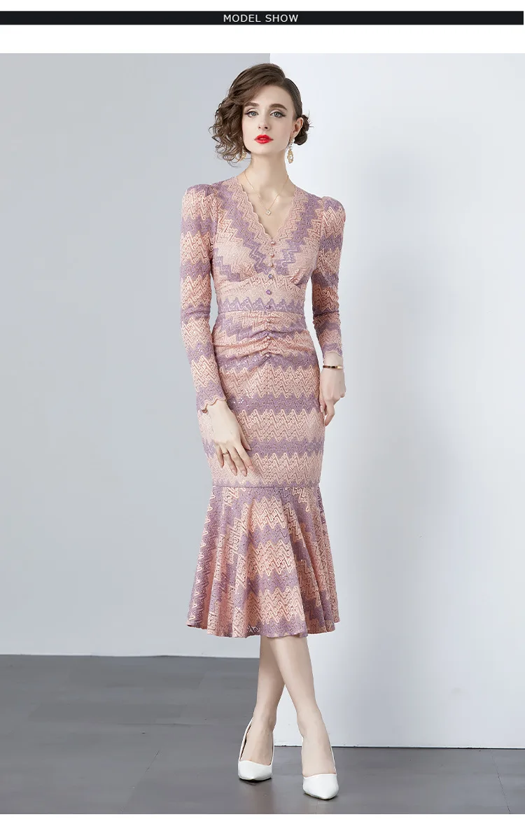 

Женское длинное кружевное платье, привлекательное ажурное весеннее платье с длинным рукавом и V-образным вырезом