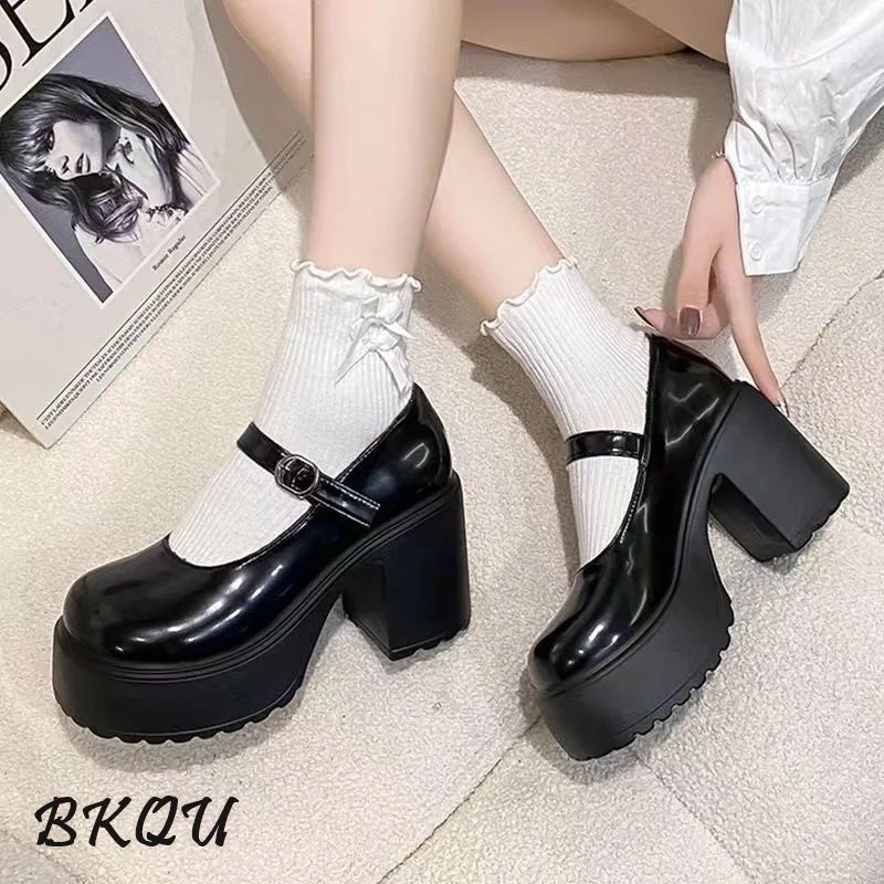 BKQU Brand 2024 Summer New Women's Mary Jane Shoes Lolita Retro Style Ultra High Heel 9cm Thick Heel Walking Safety