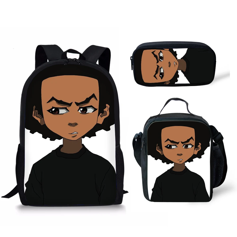 

Cartoon Classic African Black Boys 3Pcs/Set Backpack 3D Print School Student Book Bag Laptop Daypack with Lunch Bag Pencil Bag