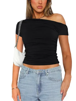 Solid Color High Elasticity Fabric Slash Shoulder Short Sleeve Pleated Navel Reveal Top for Women Casual Shrinkage Top 1