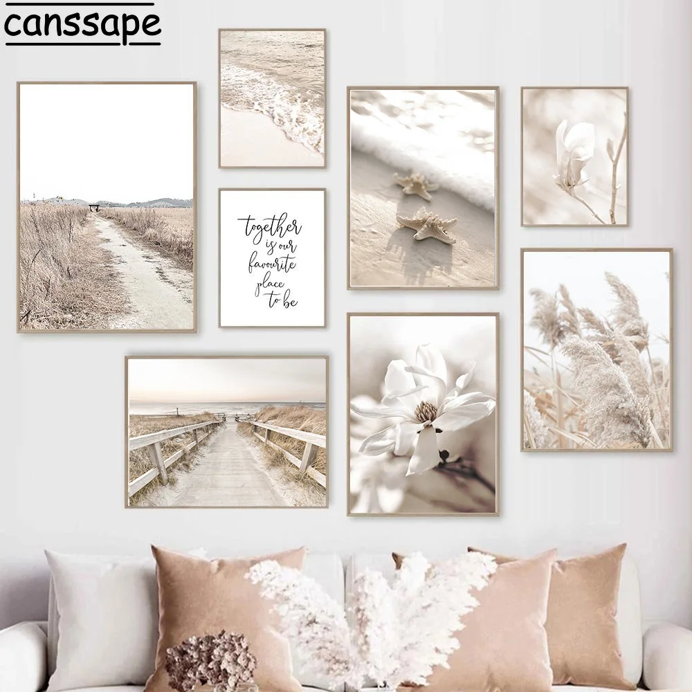 Beige-Hay-Reed-Print-Pictures-Sea-Beach-Art-Prints-Pampas-Bridge-Canvas ...