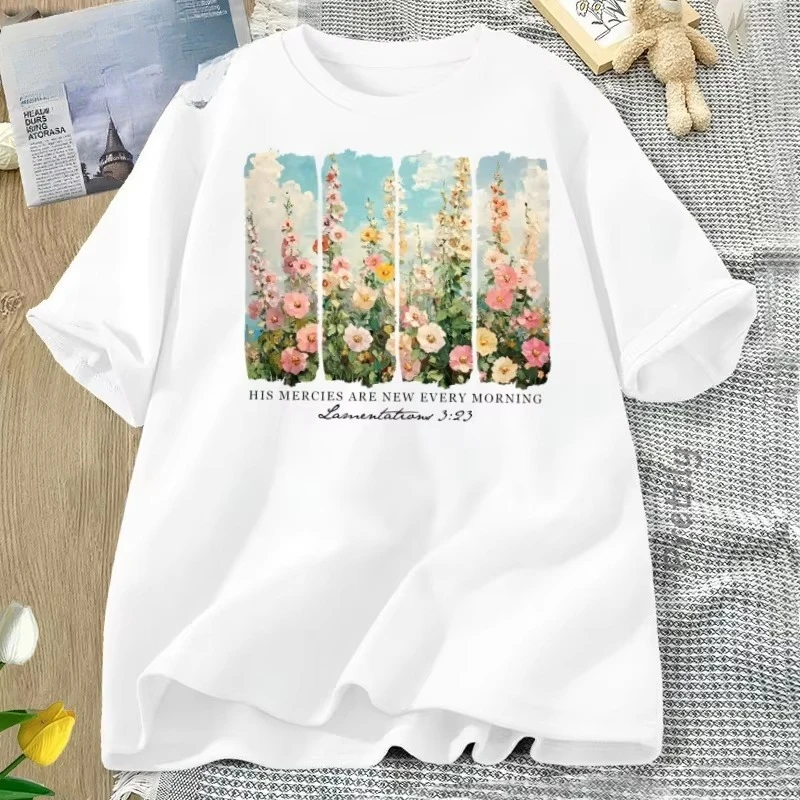 여성용 기독교 티셔츠, 그의 자비는 매 아침 새롭다 티셔츠, 레트로 꽃무늬 신앙 기반 의류, 편안한 성경 구절 티셔츠
