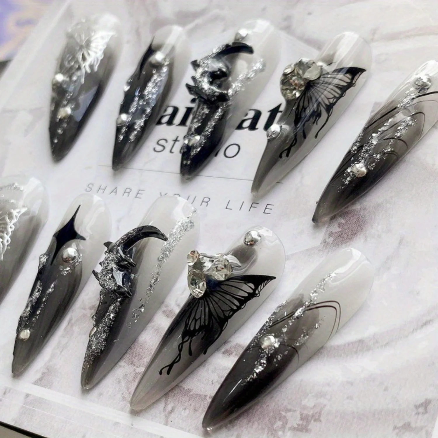10pcs Gothic Dark punk metal liquid fake nails, 3D decoration, bright water drop manicure, suitable for everyday wear Goth s