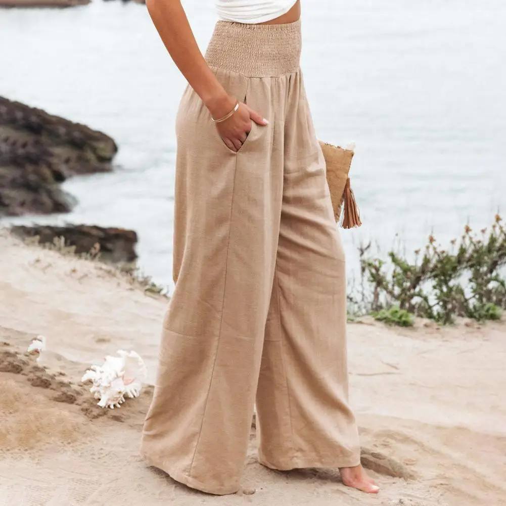 Full Length Baggay Pants Cotton and linen Pants Elastic High Waisted Temperament Summer Solid Color Casual Wide Leg Pants Loose