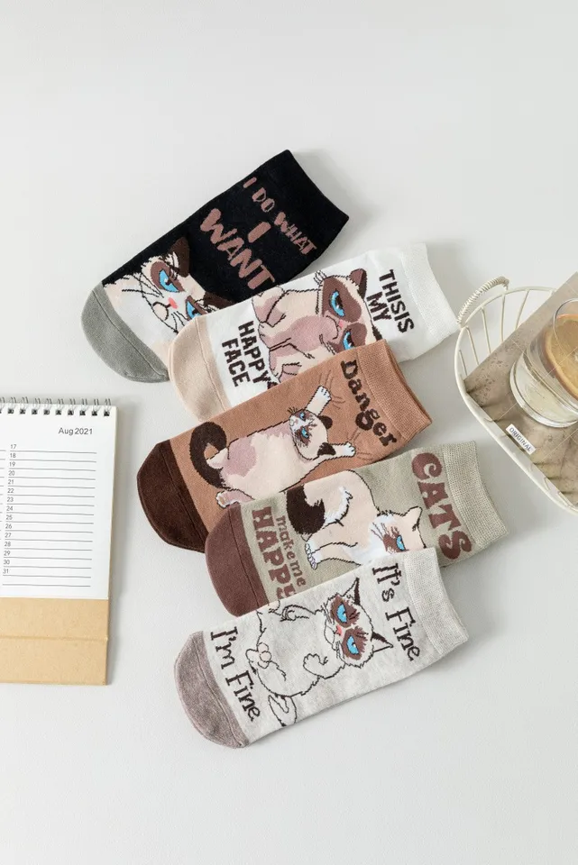 Chalier - Calzini da donna, motivo divertente e simpatico, stampa gatto, idea regalo, 5 paia - nero - taglia unica