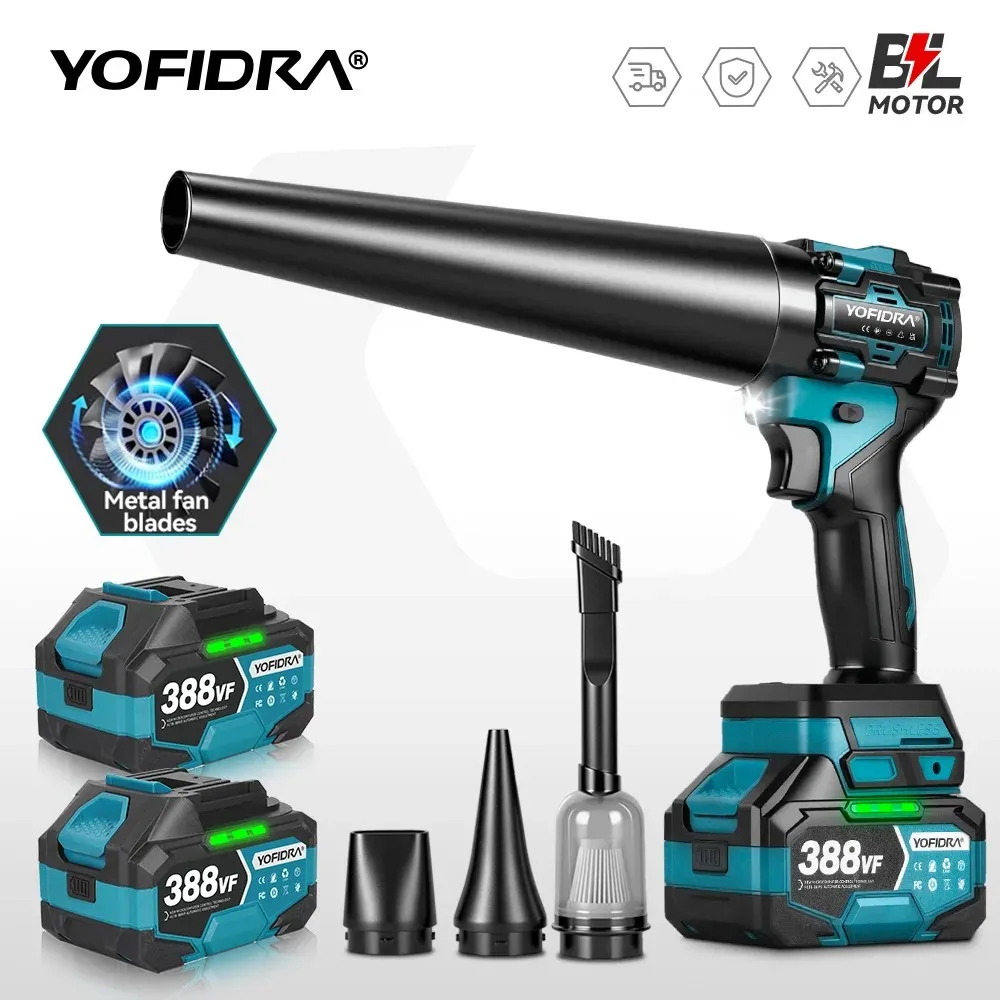 YOFIDRA Brushless Electric Blower 2 in 1 Turbo Jet Fan and Vacuum Cleaner 1000Pa, leaf dust blowing tool compatible with Makita 18V battery pin