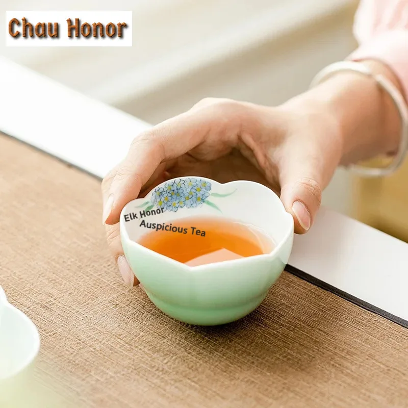 95ml Pure Handdrawn Embroidery Ball Flower Ceramic Teacup Plum Green Petal Tea Bowl High Foot Master Cup Female Jianzhan Teaware