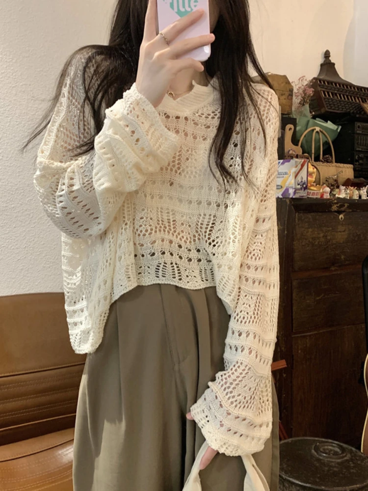 

2023 Summer hollow gauze cool pullover sweet wind lapel knitted color woven sunscreen slimming sweater