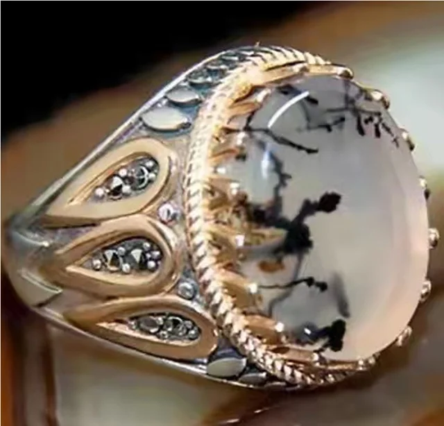 Punkboy Retro Style Men's Ring Craved Pattern Black Egg-shaped Crystal Silver Color Ring for Male Party Jewelry Size 6-13 AJZ3369XS