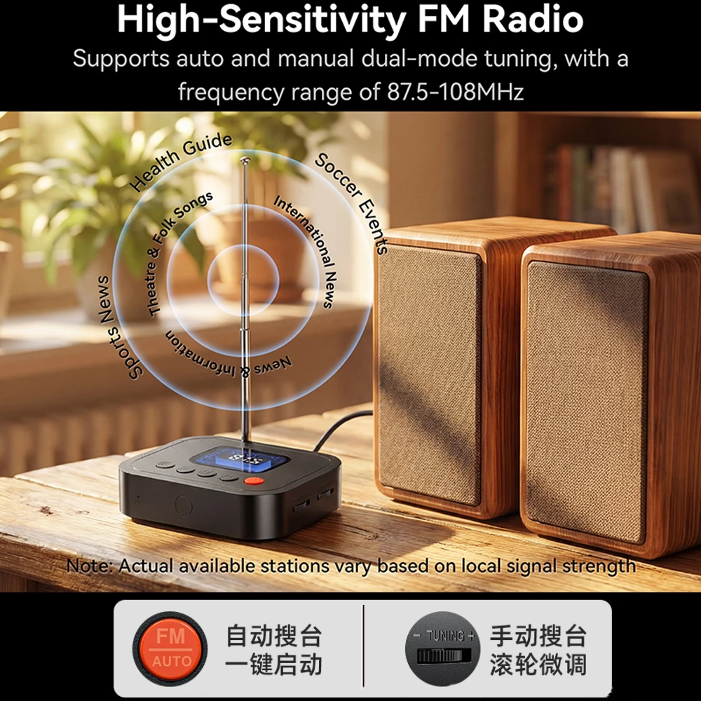 KEBIDU 블루투스 6.0 어댑터 3.5mm AUX RCA USB 무선 오디오 리시버 LED 화면 FM 스테레오 음악 플레이어 1:2 홈 스피커용