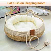 Lit tissé quatre saisons pour chat, rembourrage amovible, maison de couchage, sol à gratter, en rotin, résistant à l'usure, lavable, fournitures pour animaux de compagnie 3