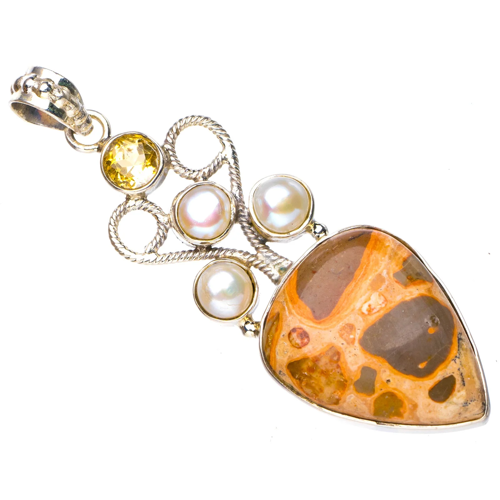 Stargems Natural Poppy Jasper River Pearl E Citrine Ciondolo In Argento Sterling 925 Fatto A Mano 2.25 "E5000