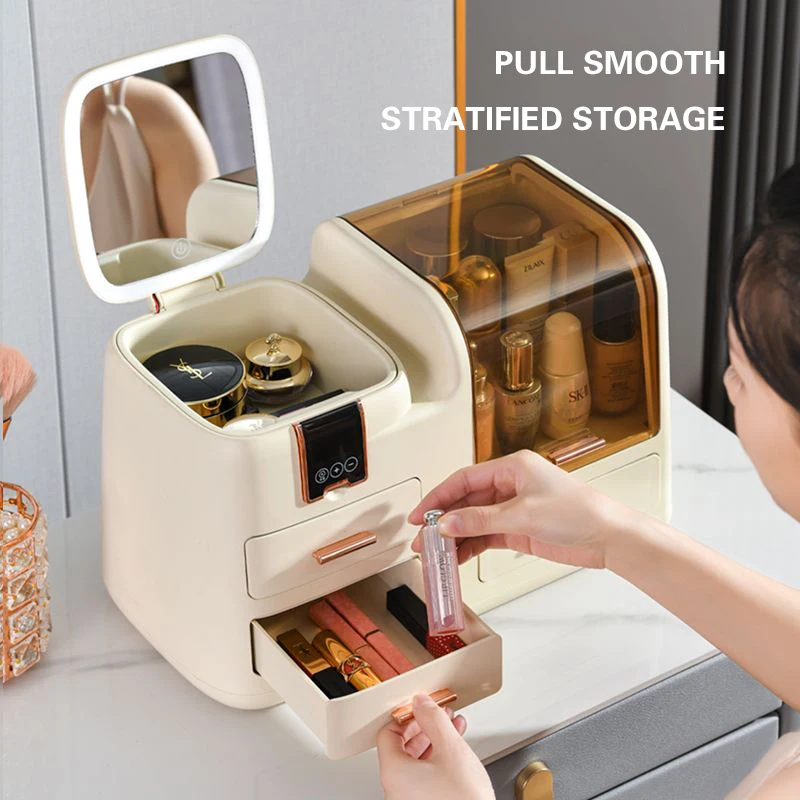 Cosmetics Storage Box with Led Color-Changing Light Mirror Dust Skincare Organizer Box Large Capacity Vanity Table Home Storage 5