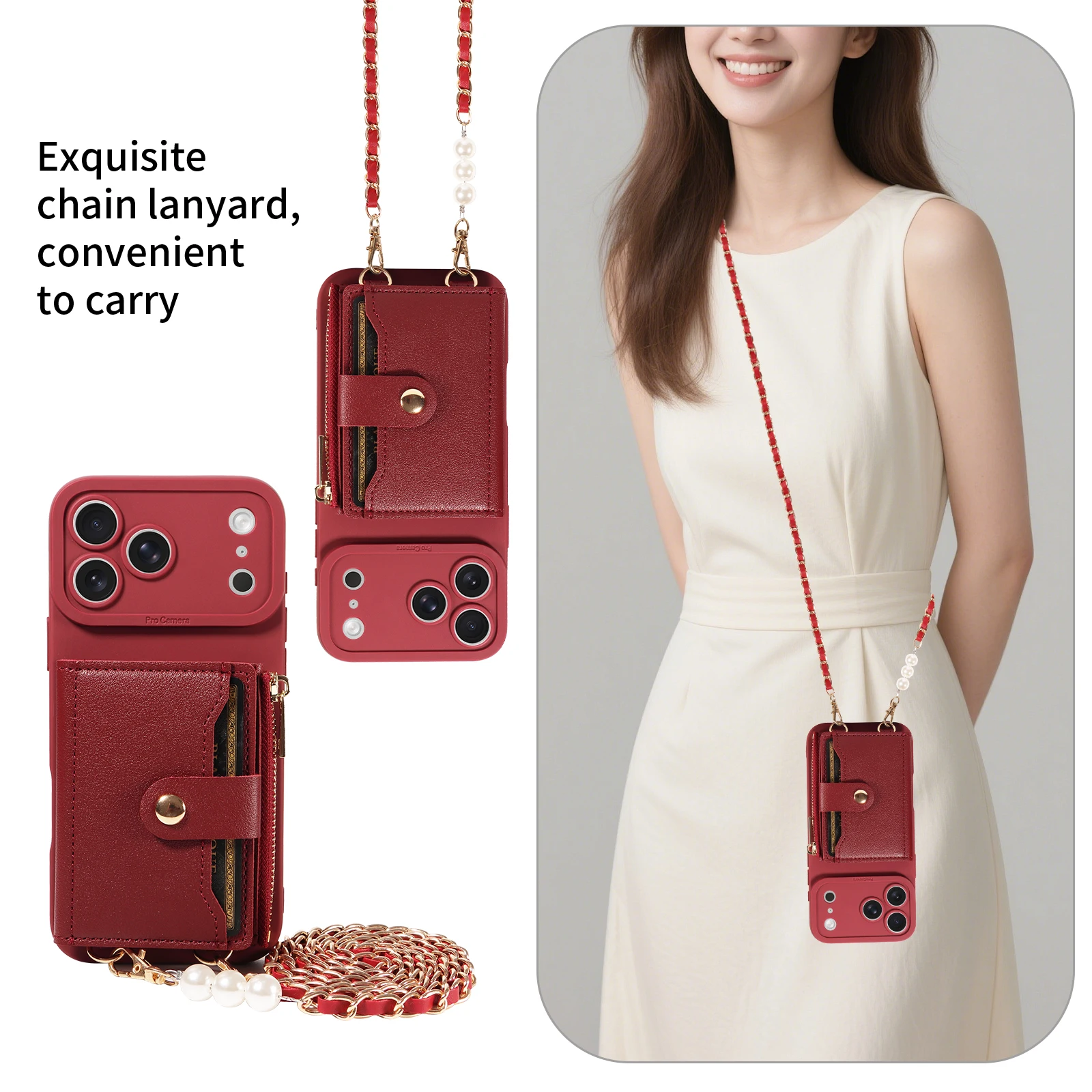 Leather Phone Case with Mirror & Pearl-Studded Strap - Shockproof Cover