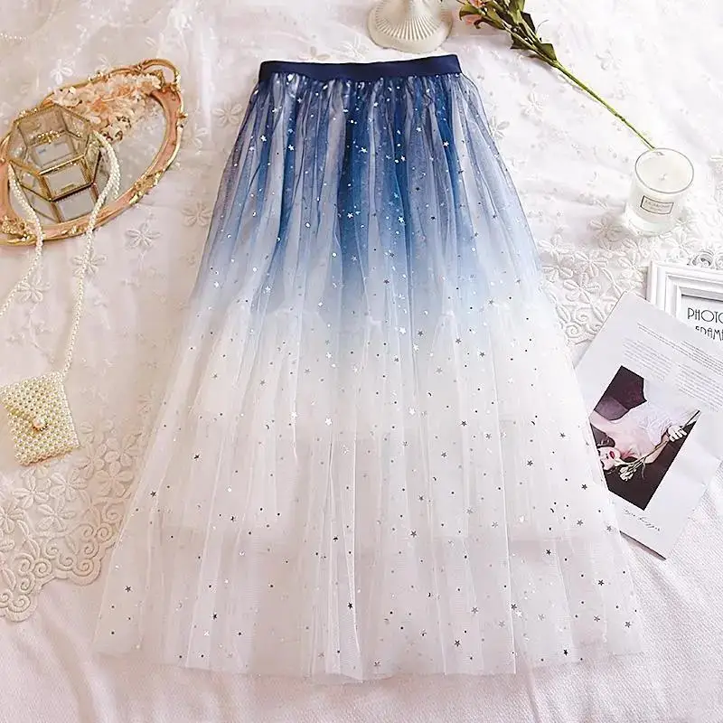 Skirts 2022 Summer Tulle Skirt Star Sequin skirt High Waist  long Skirt Pink White Evening Party Sexy Skirt Women falda sparkling skirt black skirt
