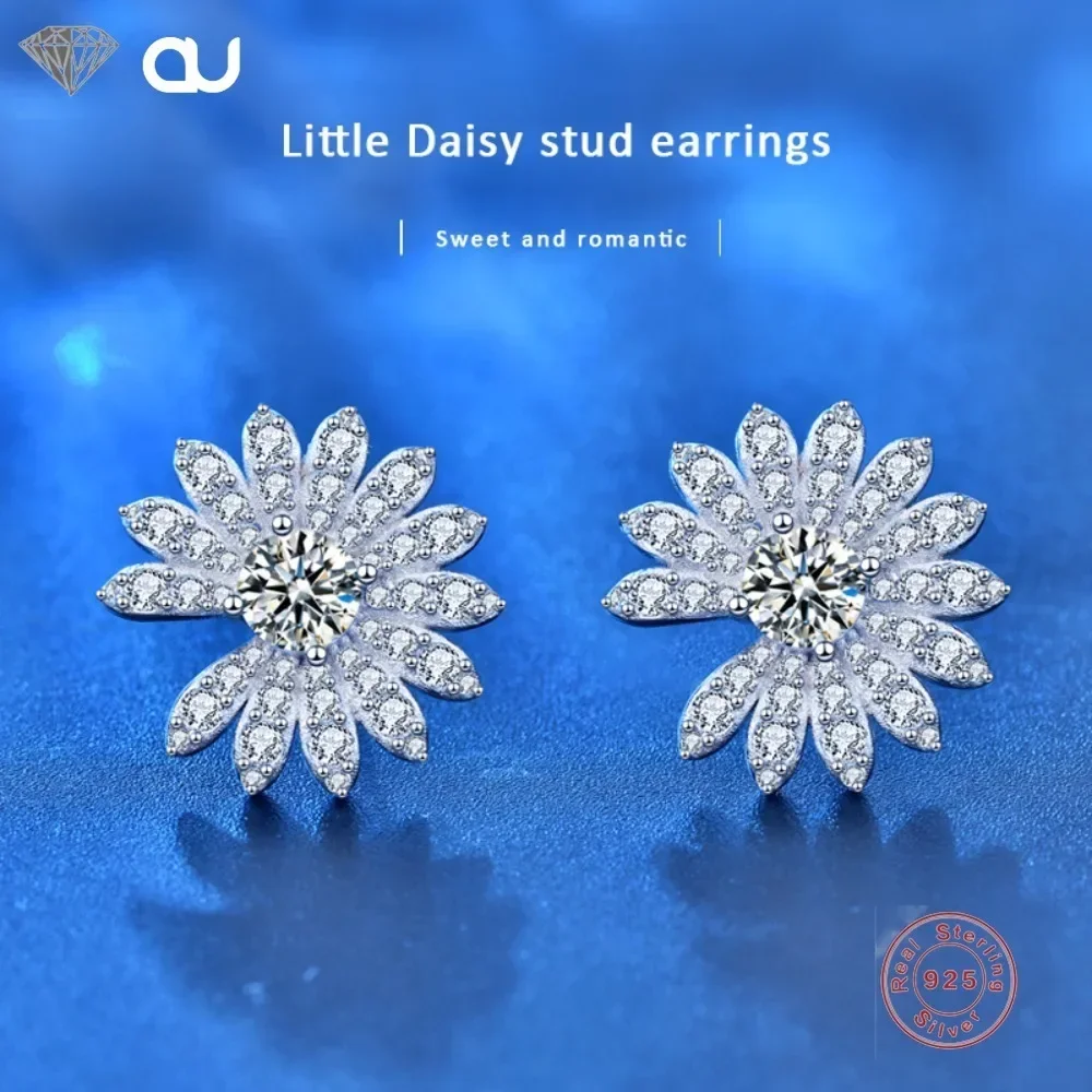 

0.5 Carat Mozanstone Earrings 925 Silver Daisy Flower Stud Ear Drop Female Engagement Wedding Earring Jewelry Fine Gift GRA