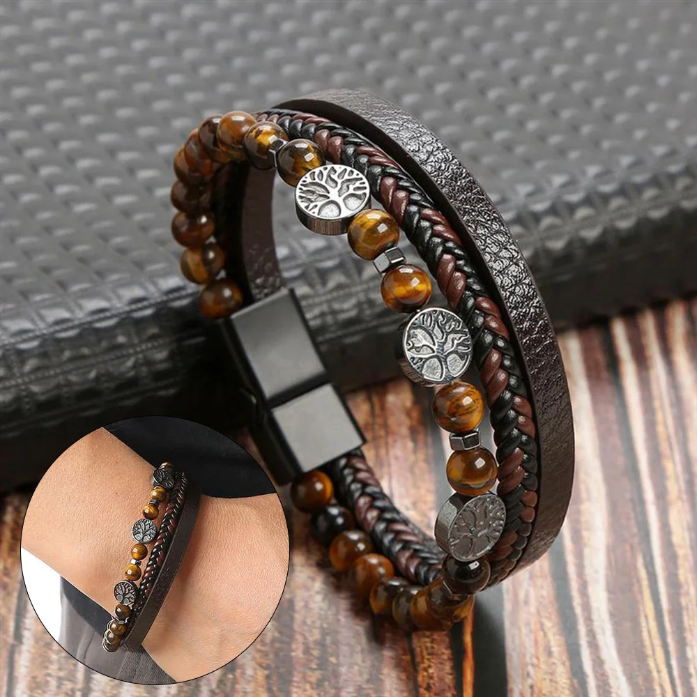 NewHighQualityLeatherBraceletForMenClassicFashionTigerEyeBeadedMultiLayerLeather