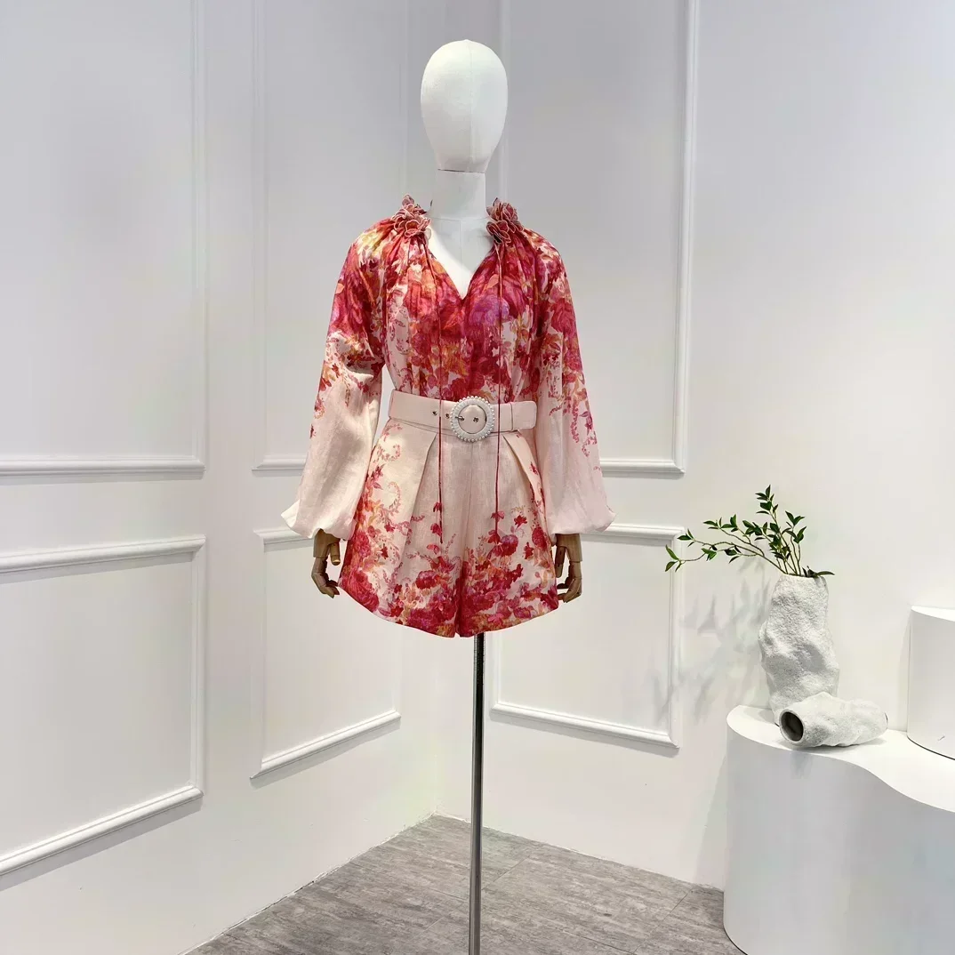 

2023 Early Spring New Collection Pink Floral Print Gradient Semi Transparent Appliques Blouse High Waist Short Set Lady