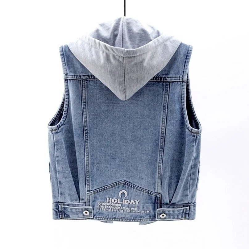 

Women Denim Vests Spring Autumn Clothes Sleeveless Tops Blue Short Hooded Jacket Denim Jeans Vest Jacket Female Waistcoat
