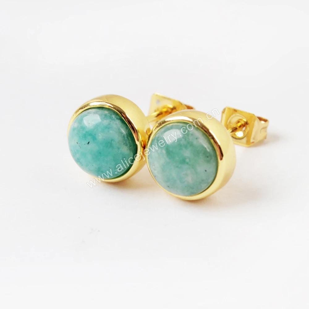 

5Pairs Green Natural Stone Stud Earrings Mini Round Stone Gold Plated Earring Ear Bone Cartilage Jewelry Wholesale