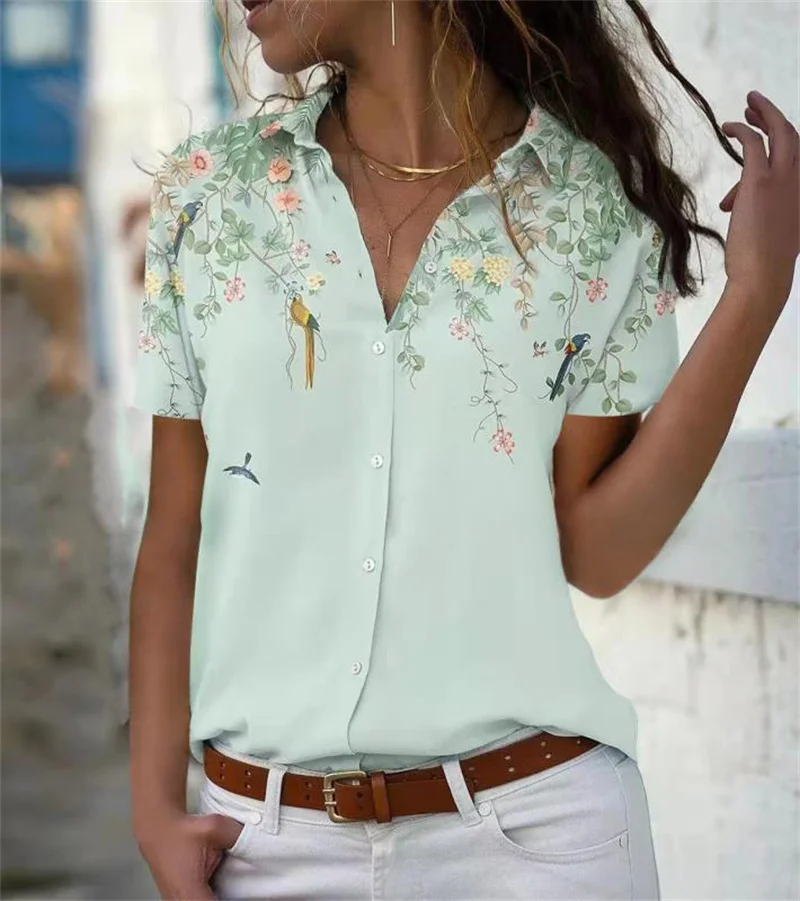 

Elegant Botanical Flower Print Button Cardigan Shirt Women's Commuter Casual Loose Blouse Female Summer Short Sleeve Lapel Tops