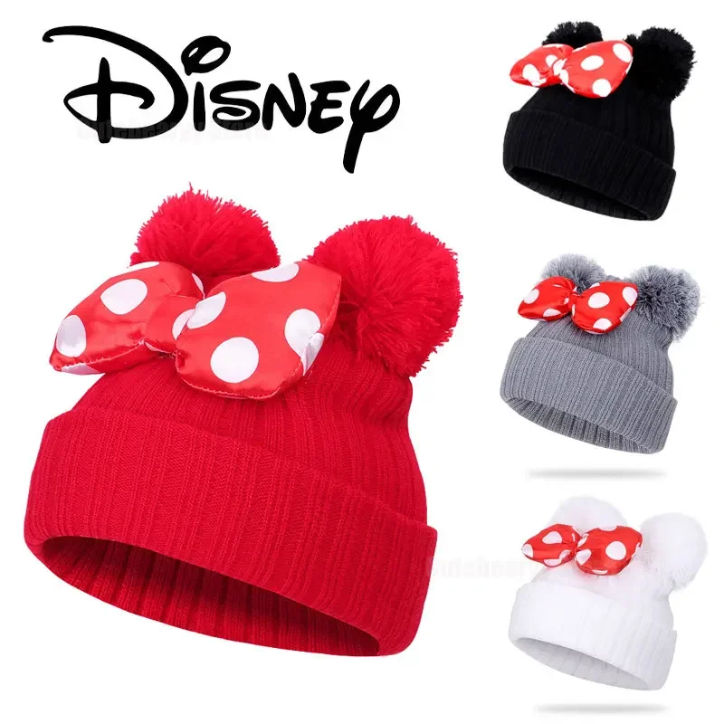 Disney Minnie Mouse Bow Knitted Hat for Boys Girls Winter Bonnet Hats Children's Cartoon Mickey Beanie Cap Kids Caps with Pompom