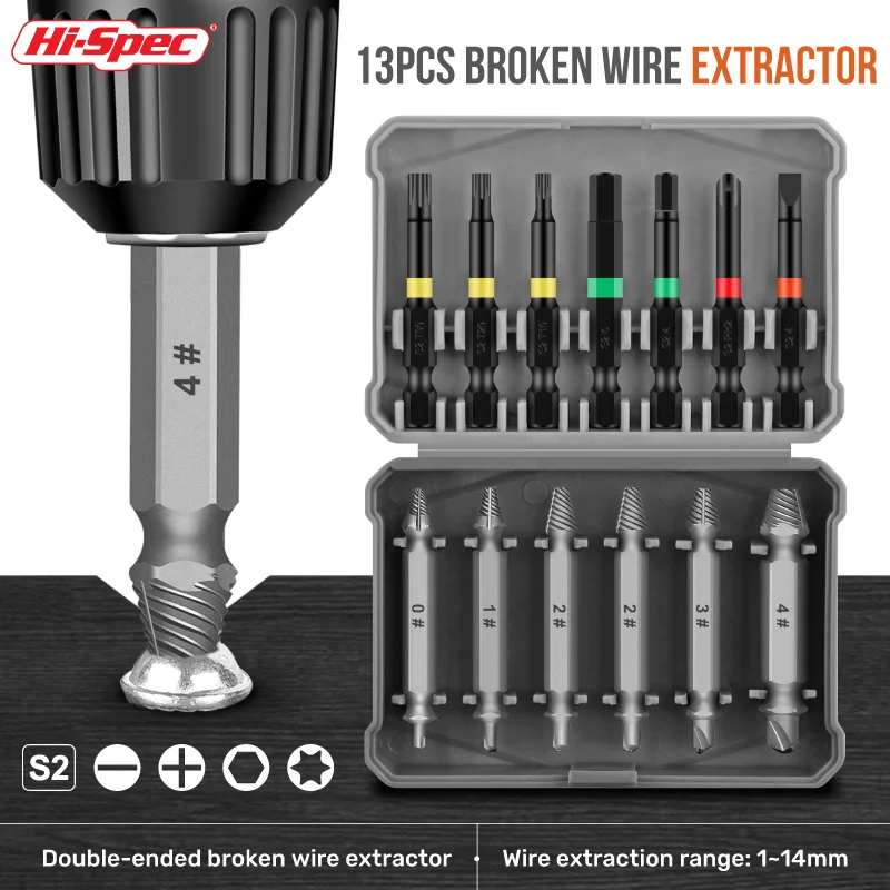 

Hi-Spec Damaged Screw Extractor Drill Bit Set Stripped Broken Screw Bolt Remover Extractor S2 Easily Take Out Demolition Tool