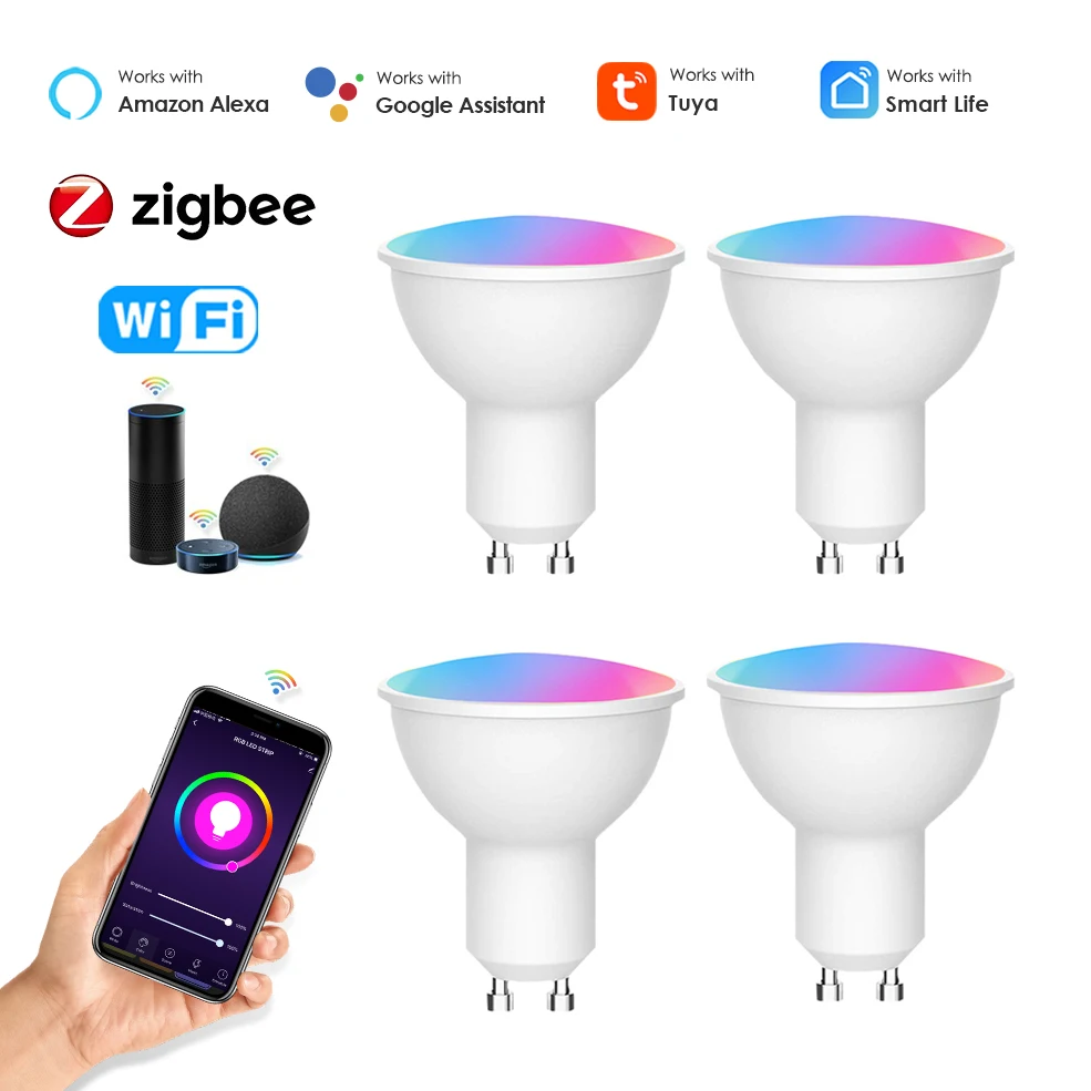 Tuya Zigbee Gu10 Led Smart Bulb Lamp 220V 110V 5W Rgb Cw Ww Wifi Ampoule Gu10 Led Lampadina Luci Funziona Con Alexa Echo/ Google Home