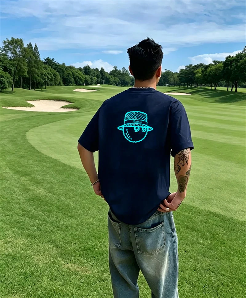 Herren Marineblau Neon-Glow Cartoon-Motiv Golf T-Shirt Streetwear Lässiges Kurzarm-Oberteil