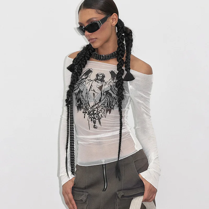 Fashion Knitted Mesh Character Print Graphic T Shirts Casual One-Piece Neckline Long Sleeve Women Clothes See-Through Y2k Top