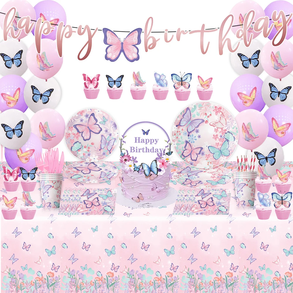 

New Pink Flower Butterfly Theme Girl And Children's Party Supplies Set, tableware, tablecloth, paper cup Background Decoration