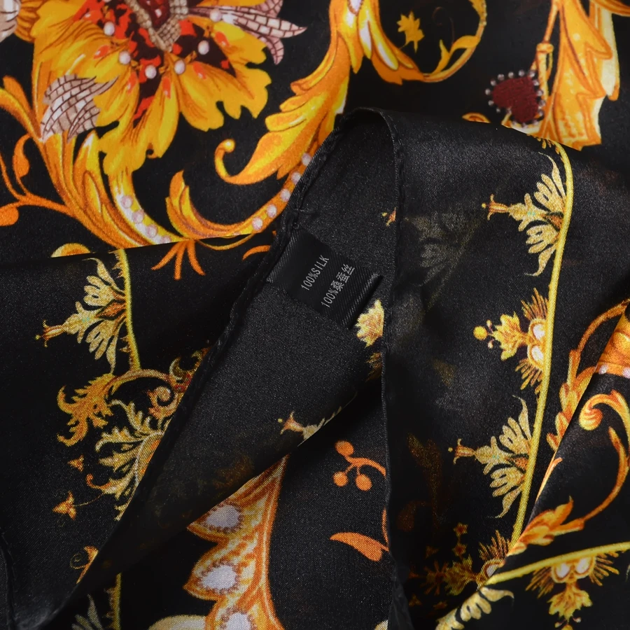 [BYSIFA] Black Gold Small Square Scarves Printed Women Fashion Luxury 100% Natural Silk Scarf Elegant Ladies Neck Scarf 53*53 4