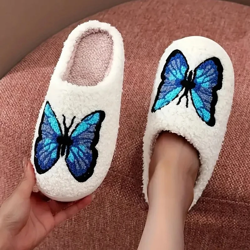 Lucyever Butterfly Embroidery Plush Woman Slippers Non Slip Soft Home Slides Shoes Women Winter Comfy Warm Cotton Shoes Female