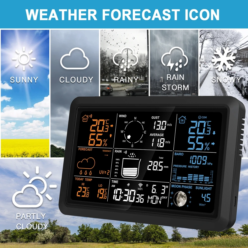 Tuya Wireless Weather Station Auto Alarm Clock Calendar Thermo-Hygro UV Sunlight Wind Rainfall Gauge Solar Panel Forecast Sensor