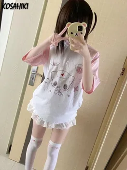 Japanese Kawaii Cartoon Print T-shirt Women Cute Contrast Color Tops Summer Harajuku Patchwork Y2k Aesthetic Grunge Tee Shirts 1