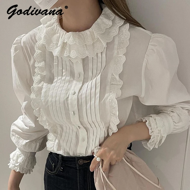 

Japanese Style Sweet Double-Layer Lace Collar Pure Cotton Long-Sleeved Women's Shirt Spring and Autumn Ladies White Blouse Tops