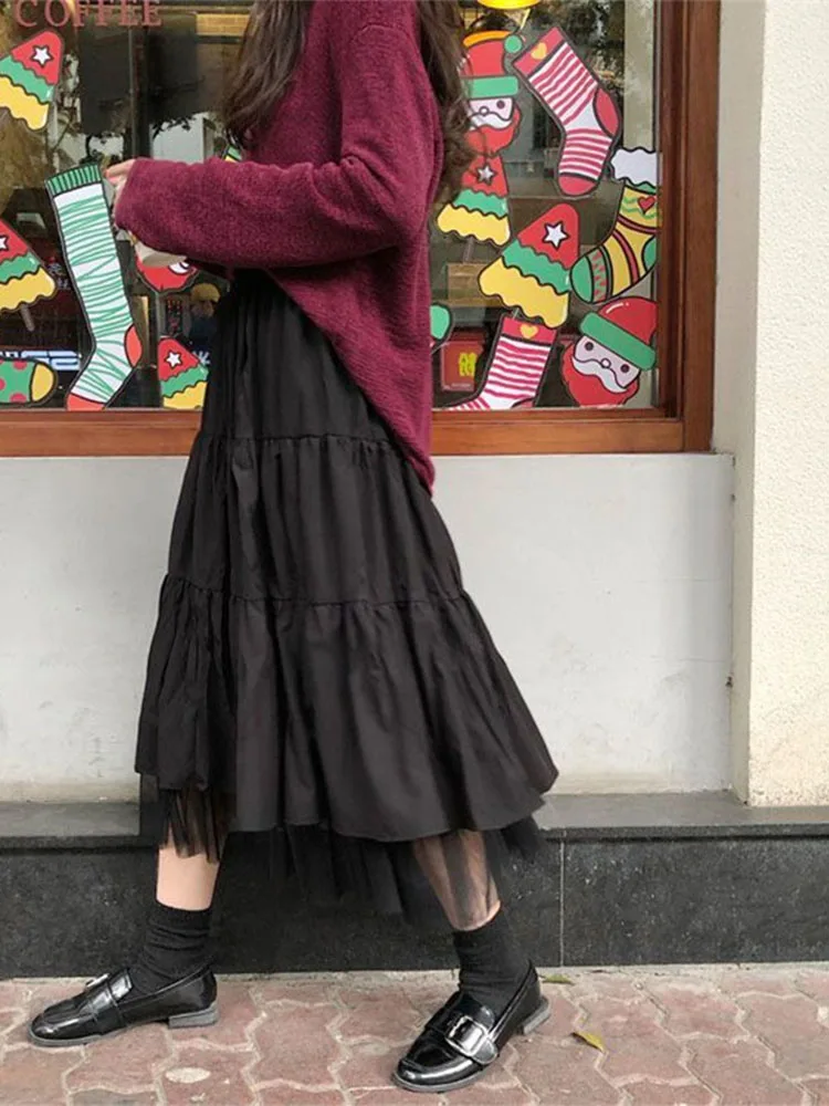 Long Tulle Midi Skirts Womens  Autumn Elastic High Waist Mesh Tutu Pleated Skirts Female Black White Long Skirt Streetwear 2
