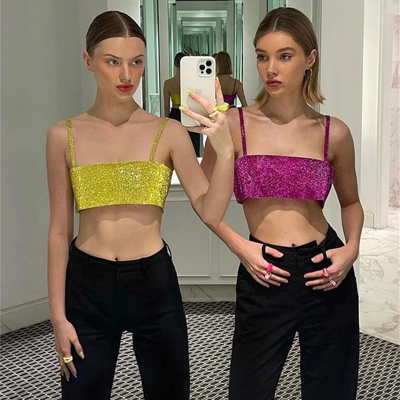Sparkly Y2K Tops Women Summer Suspender Sleeveless Sexy Crop Top 2025 Femme Elegant Night Party Basic Cute Tops Tee