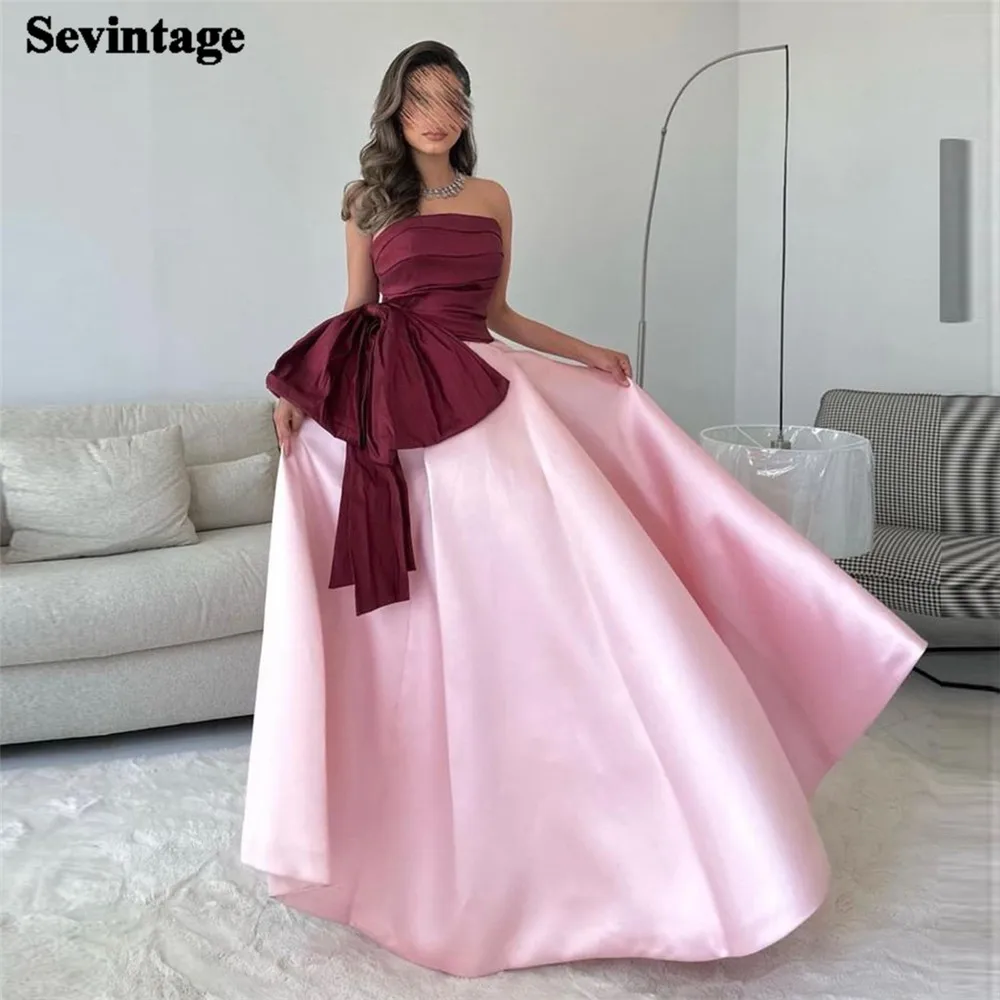 

Sevintage Elegant Burgundy Pink Arabia Prom Dress Big Bow Pleat Ruched Floor Length Evening Dresses فساتين للحفلات الراقصة 2024