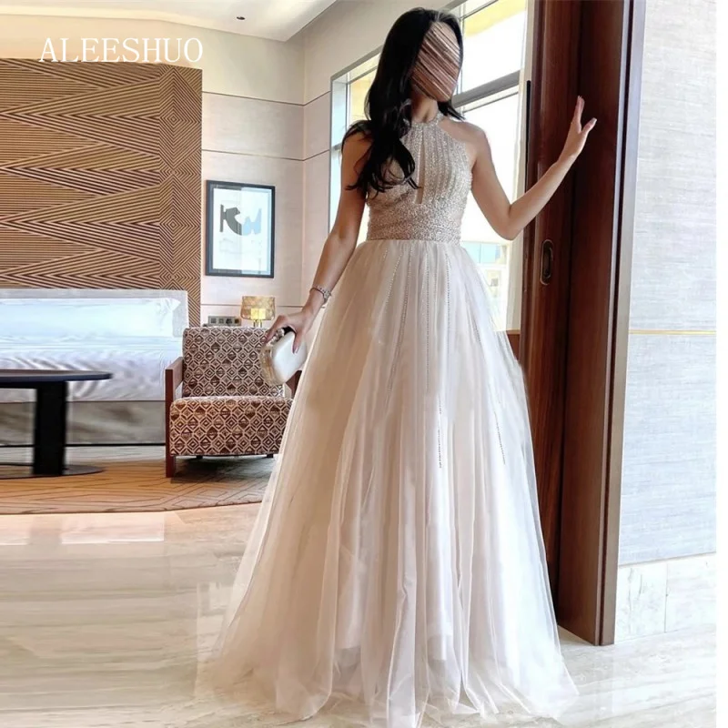 

Luxurious Evening Dresses 2024 High Neck Pleat Illusion Shiny Pearls Open Back Prom Dress Women Luxury Party Dress Custom Made