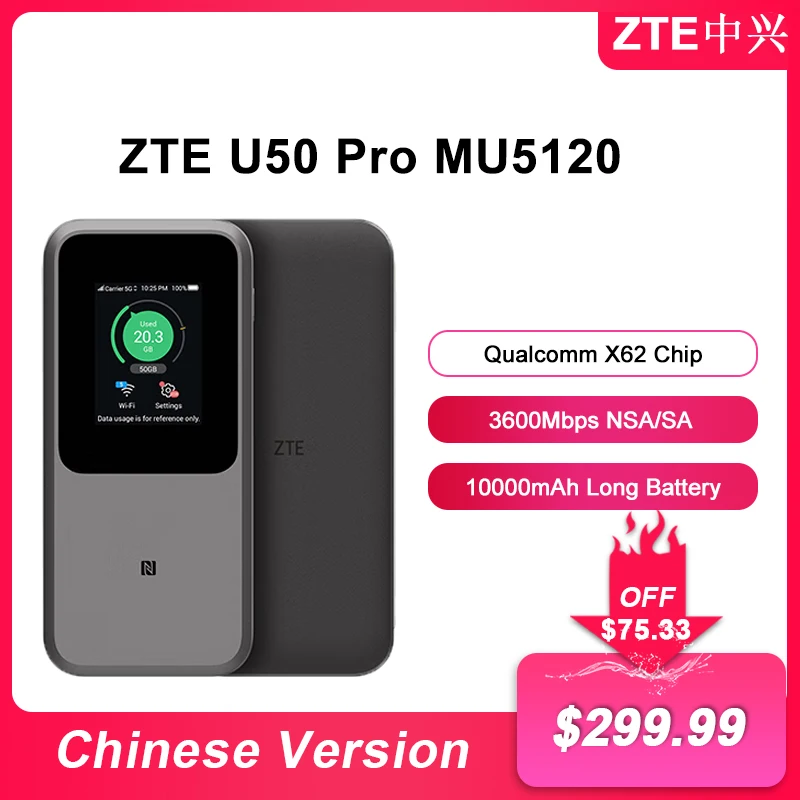 

2023 NEW Original ZTE Portable WiFi 5G Router MU5120 WIFI 6 10000mAh 3600Mbps NSA+SA Mobile Hotspot 5G Router With Sim Card Slot