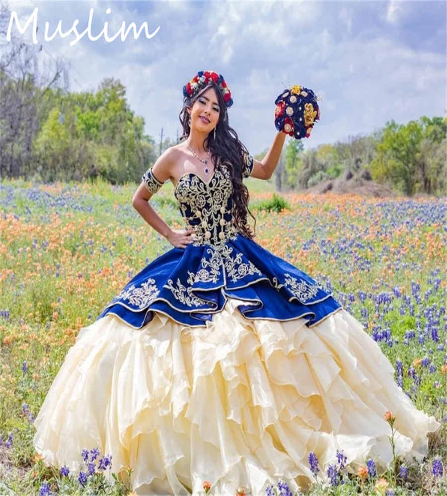 Charro Navy Blue Gold Quinceanera Dresses Mexican Embroidery