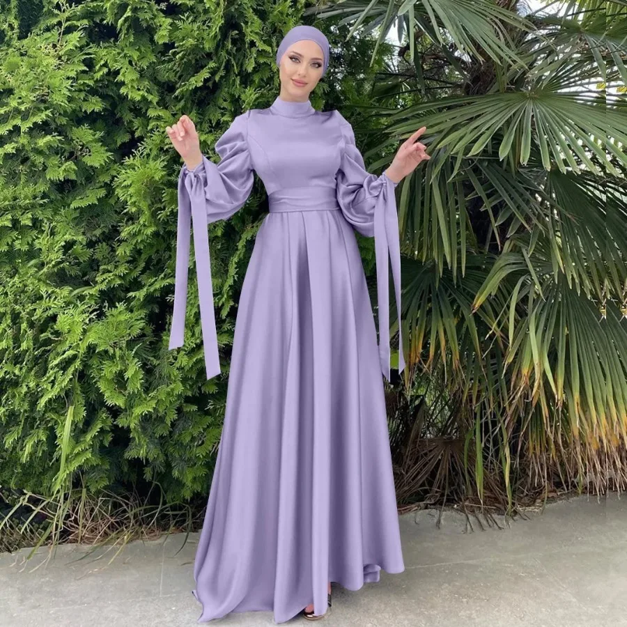 

Vintage Puff Sleeve Evening Party Satin Dress Women Muslim Islamic Clothes Arab Abaya Kaftan Dubai Gown Female Long Dresses