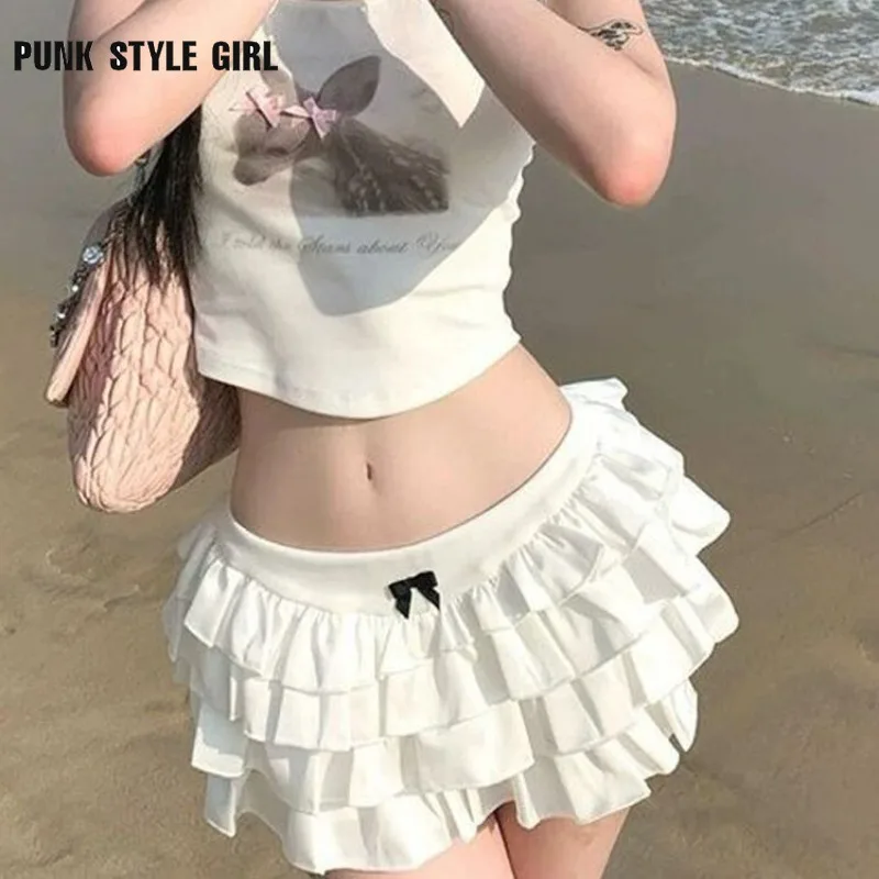 

Elastic High Waist Sweet White Short Mini Skirt Ruffle Y2k Kawaii Cute Cake Skater Women Bow Slim Summer A-line Party Skirts
