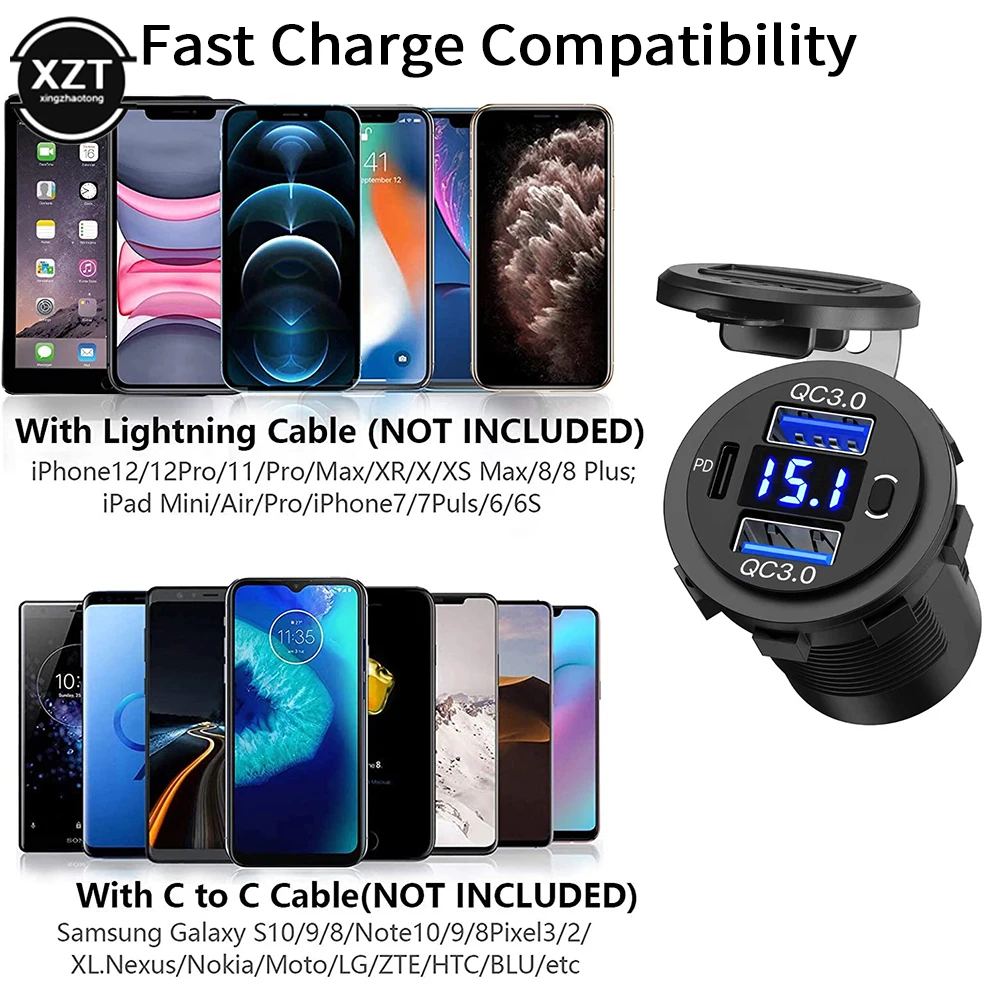 High-Power Dual USB Charger with Digital Voltmeter and Waterproof Socket