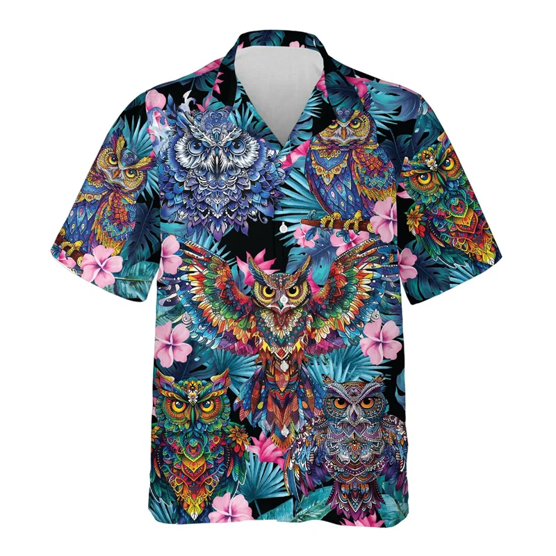 thumbnail image 1 of Camisa hawaiana con estampado 3D de búho misterioso para hombre, blusa con estampado de animales salvajes, camisetas Aloha unisex de verano, camisetas con solapa y mangas cortas, 1 of 5