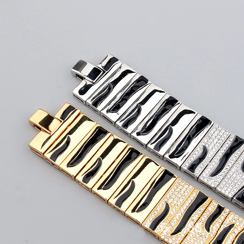 Europe America Fashion Style Wide Chain Bracelet Men Women Lady Plated Gold Settings Full Cubic Zircon Green Eyes Tiger Bangle 5