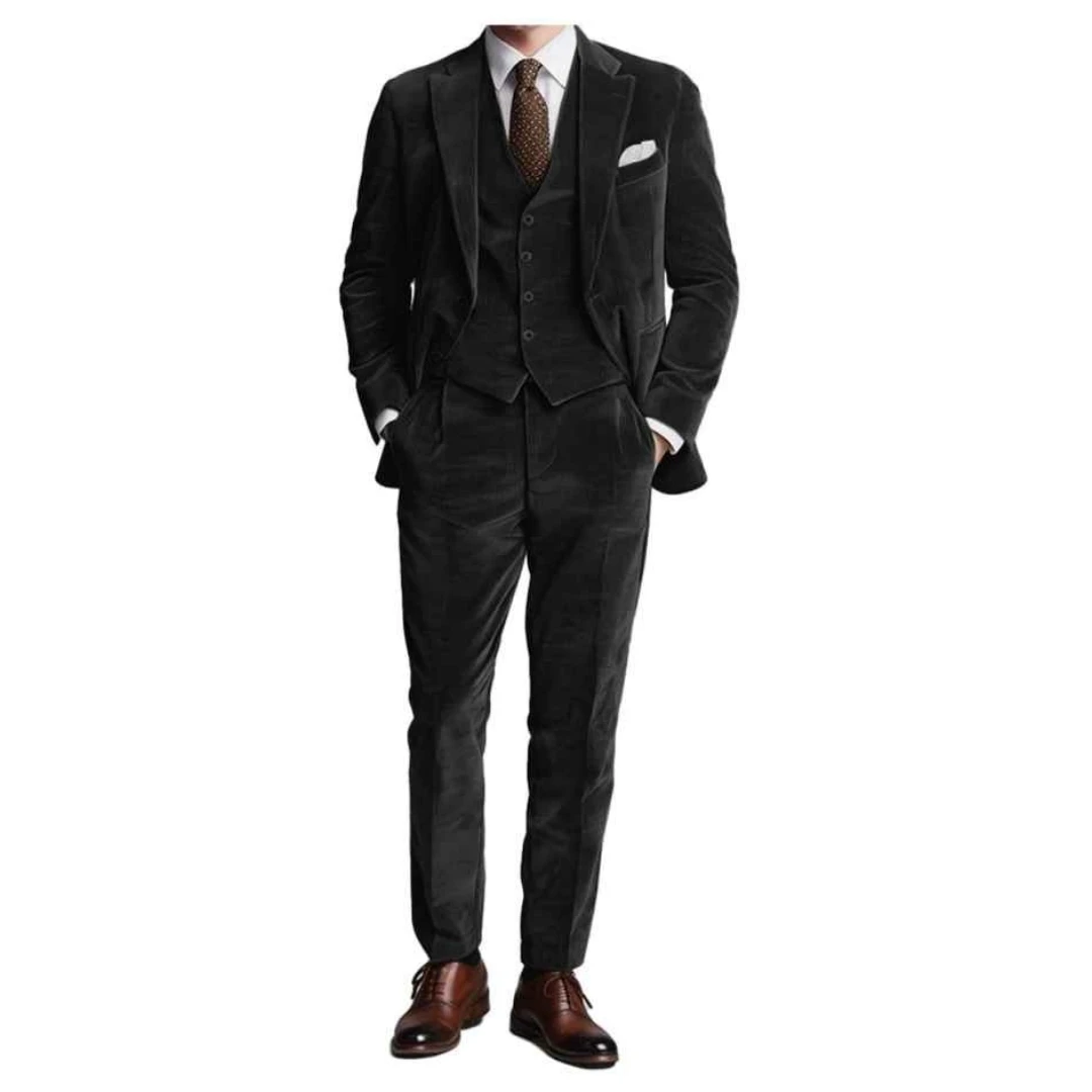 Black Wick Cotton Men Formal Business Suits Wedding Suit Slim Fit Groom Tuxedos 3 Pcs Set Dress Notch Lapel Blazer Vest Pants